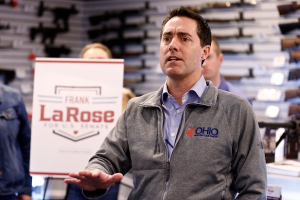 FILE - Ohio Secretary of State and Republican candidate for Senate Frank LaRose speaks to supporters during a campaign event in Hamilton, Ohio, March 18, 2024. (AP Photo/Paul Vernon, File)