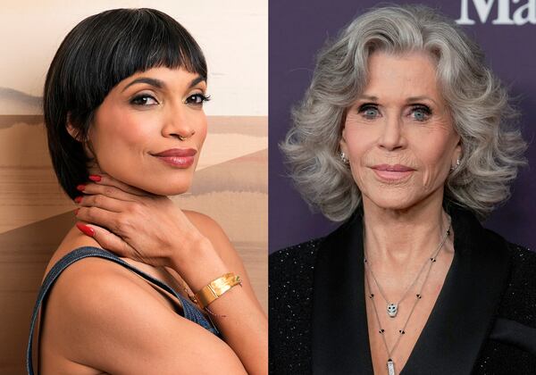 Rosario Dawson poses for a portrait in West Hollywood, Calif., on June 3, 2024, left, and Jane Fonda appears at the Women in Film Honors in Beverly Hills, Calif., on Oct. 23, 2024. (AP Photo)