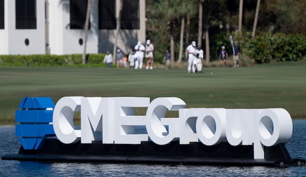 Signage is displayed during the first round of the LPGA CME Group Tour Championship golf tournament Thursday, Nov. 21, 2024, in Naples, Fla. (AP Photo/Chris Tilley)