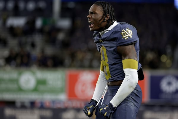 Notre Dame safety Adon Shuler reacts during the second half of an NCAA college football game against Army at Yankee Stadium on Saturday, Nov. 23, 2024, in New York. (AP Photo/Adam Hunger)