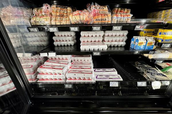 Eggs sit on a shelf at Sentyrz Liqour Supermarket, where staff say they've been receiving only 10 percent of their weekly orders, on Monday, Jan. 27, 2025 in Minneapolis, Minn. (AP Photo/Mark Vancleave)