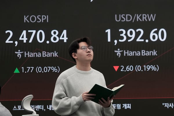 A currency trader reacts near a screen showing the Korea Composite Stock Price Index (KOSPI), left, and the foreign exchange rate between U.S. dollar and South Korean won at the foreign exchange dealing room of the KEB Hana Bank headquarters in Seoul, South Korea, Tuesday, Nov. 19, 2024. (AP Photo/Ahn Young-joon)