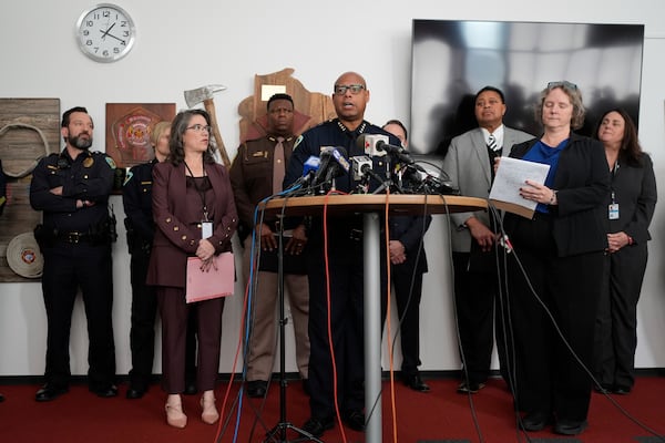 Madison Police chief Shon F. Barnes speaks at a news conference Tuesday, Dec. 17, 2024, in Madison, Wis., following a shooting at the Abundant Life Christian School on Monday. (AP Photo/Nam Y. Huh)