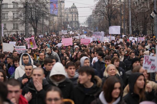 University students joined calls for a general strike after more than two months of protests over the collapse of a concrete canopy that killed 15 people more than two months ago, in Belgrade, Serbia, Friday, Jan. 24, 2025. (AP Photo/Darko Vojinovic)