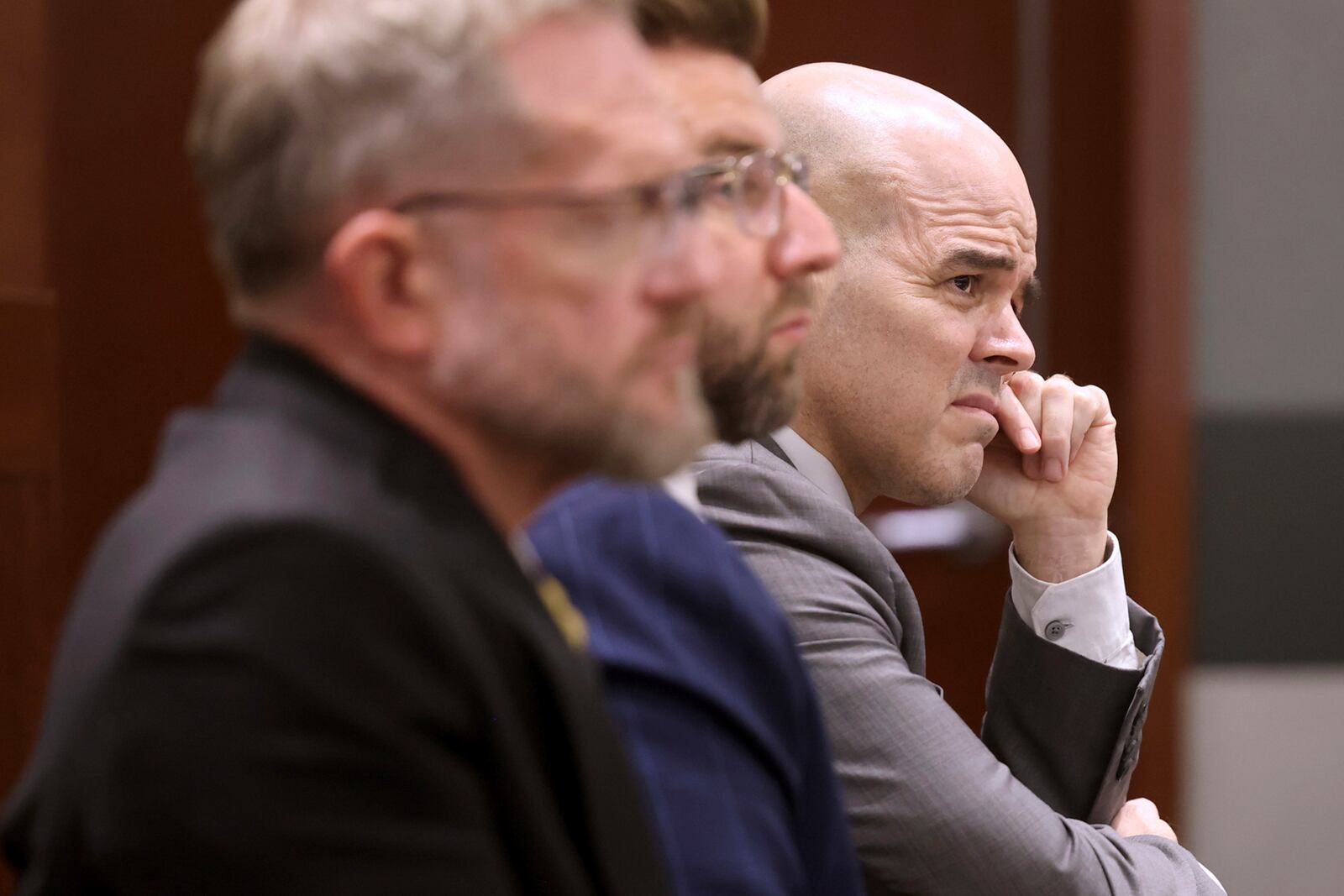 FILE - Robert Telles, right, a former Clark County public administrator charged in the murder of Las Vegas Review-Journal investigative journalist Jeff German, listens to closing arguments during his murder trial at the Regional Justice Center in Las Vegas, Aug. 26, 2024. With Telles are his attorneys Robert Draskovich, left, and Michael Horvath. (K.M. Cannon/Las Vegas Review-Journal via AP, Pool, File)