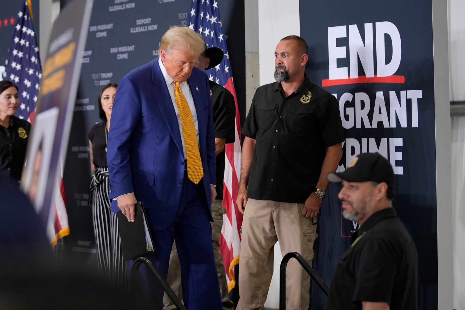 Republican presidential nominee former President Donald Trump departs after speaking at a news conference at Austin-Bergstrom International Airport, Friday, Oct. 25, 2024, in Austin, Texas. (AP Photo/Alex Brandon)