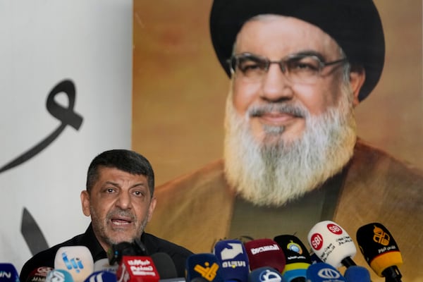 FILE - Hezbollah's chief spokesman Mohammed Afif speaks during a press conference in Dahiyeh, in the southern suburb of Beirut, Lebanon, Monday, Nov. 11, 2024. (AP Photo/Hussein Malla, File)