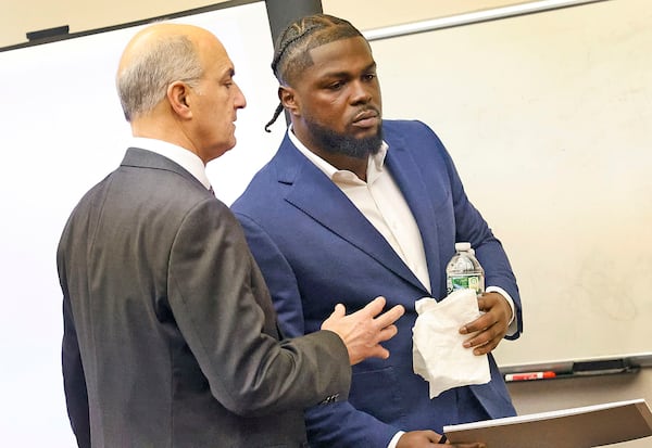 New England Patriots safety Jabrill Peppers, who admitted to cocaine possession, confers with his lawyer Marc Brofsky during his domestic violence trial, Thursday, Jan. 23, 2025, in Quincy District Court in Quincy, Mass. (Greg Derr/The Patriot Ledger via AP, Pool)