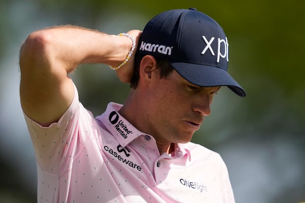 Adam Schenk reacts after completing his round during the first round of the Sony Open golf event, Thursday, Jan. 9, 2025, at Waialae Country Club in Honolulu. (AP Photo/Matt York)