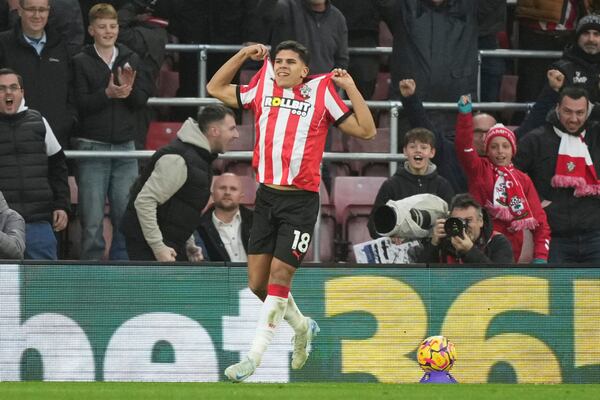 Southampton's Mateus Fernandes celebrates after scoring during the English Premier League soccer match between Southampton and Liverpool in Southampton, England, Sunday, Nov. 24, 2024. (AP Photo/Sean Ryan)