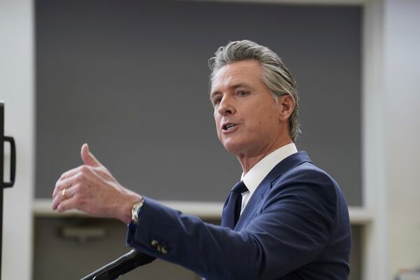 California Gov. Gavin Newsom outlines his proposed 2025-2026 $322 billion state budget during a news conference at California State University, Stanislaus in Turlock, Calif., Monday, Jan. 6,2025. (AP Photo/Rich Pedroncelli)