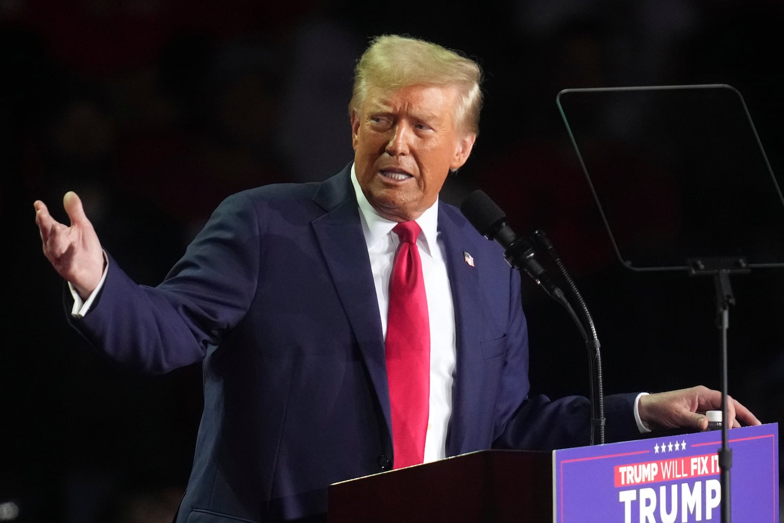 Republican presidential nominee former President Donald Trump speaks at a campaign rally at Van Andel Arena, Tuesday, Nov. 5, 2024, in Grand Rapids, Mich. (AP Photo/Paul Sancya)