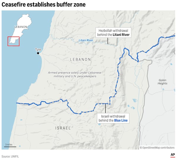 The map above shows the withdrawal lines for the Israel Lebanon ceasefire and identifies the buffer zone in between. (AP Digital Embed)