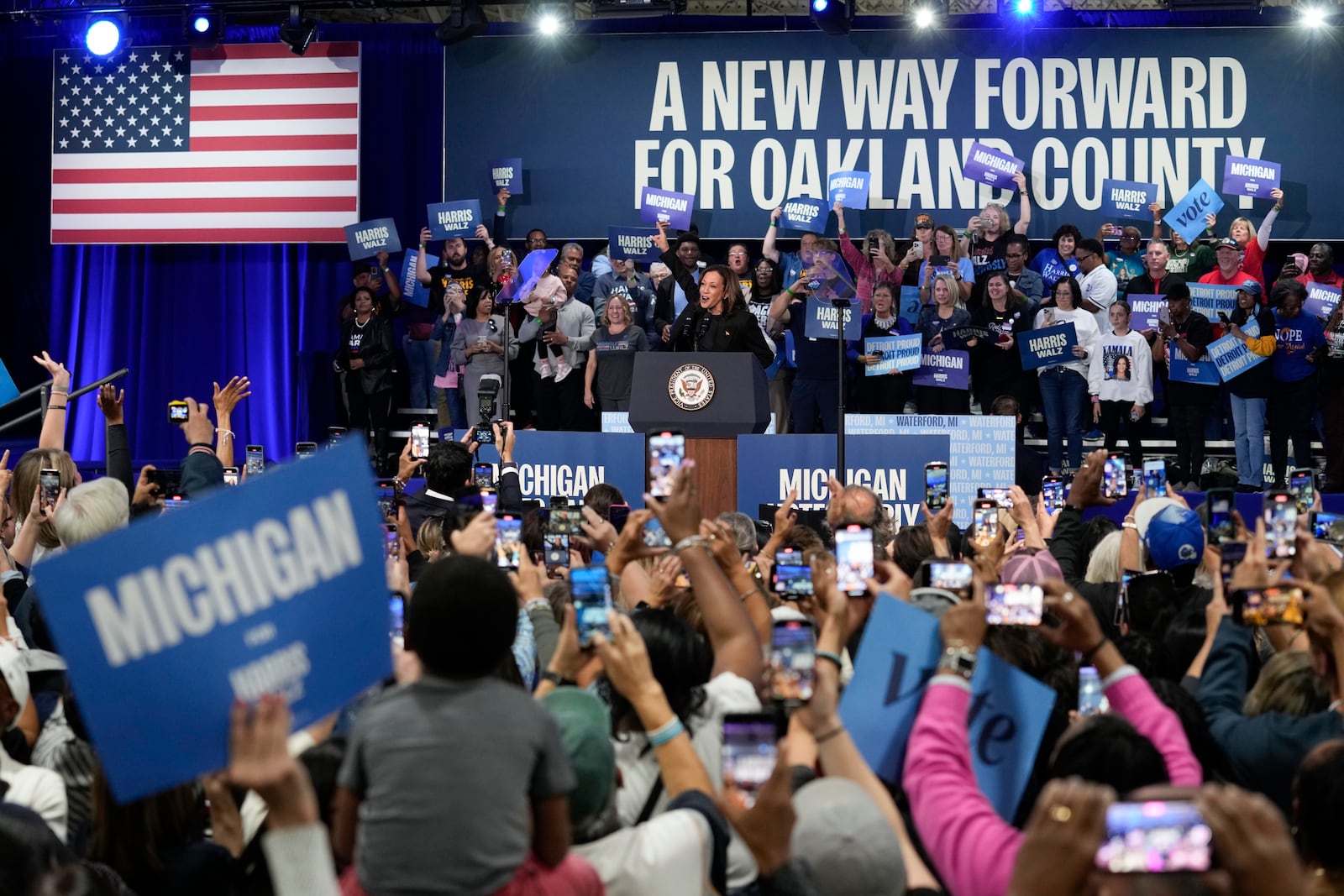 Democratic presidential nominee Vice President Kamala Harris speaks at a campaign rally the Oakland Expo Center in Waterford Township, Mich., Friday, Oct. 18, 2024. (AP Photo/Susan Walsh)