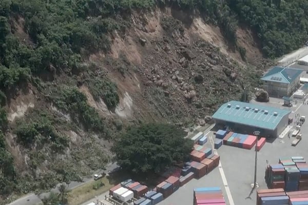 This image made from a video shows a landslide near an international shipping terminal in Port Vila, Vanuatu following a powerful earthquake Tuesday, Dec. 17, 2024. (Dan McGarry via AP)