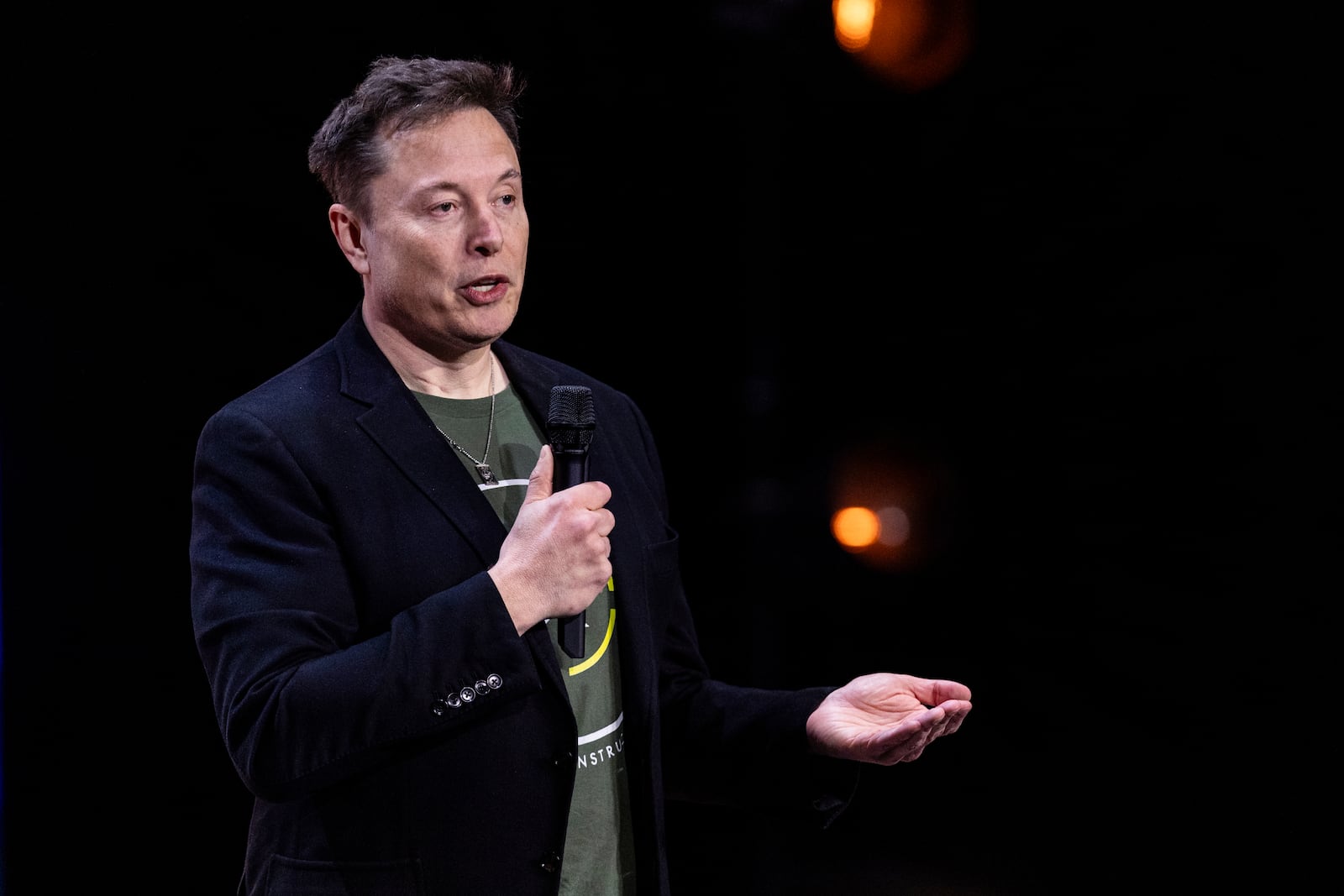 Elon Musk speaks at Life Center Church in Harrisburg, Pa., Saturday, Oct. 19, 2024. (Sean Simmers/The Patriot-News via AP)