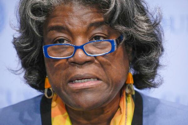 FILE - Linda Thomas-Greenfield, United States Ambassador to the United Nations, speaks after a meeting of the United Nations Security Council to discuss the war in Ukraine, Aug. 24, 2023, at United Nations headquarters. (AP Photo/John Minchillo, File)