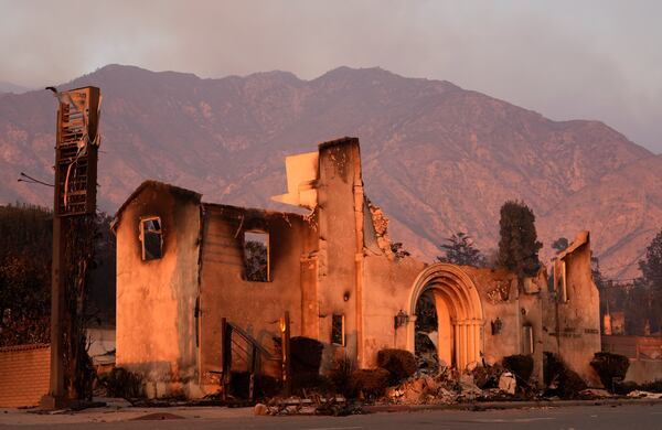 The Altadena Community Church is pictured the day after it was destroyed by the Eaton Fire, Thursday, Jan. 9, 2025, in Altadena, Calif. (AP Photo/Chris Pizzello)