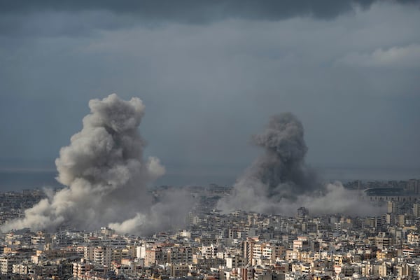 Smoke rises after Israeli airstrikes on Dahiyeh, in Beirut, Lebanon, Monday, Nov. 25, 2024. (AP Photo/Bilal Hussein)