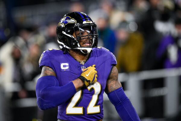 Baltimore Ravens running back Derrick Henry reacts after scoring a touchdown against the Pittsburgh Steelers during the second half of an NFL wild-card playoff football game, Saturday, Jan. 11, 2025, in Baltimore. (AP Photo/Nick Wass)