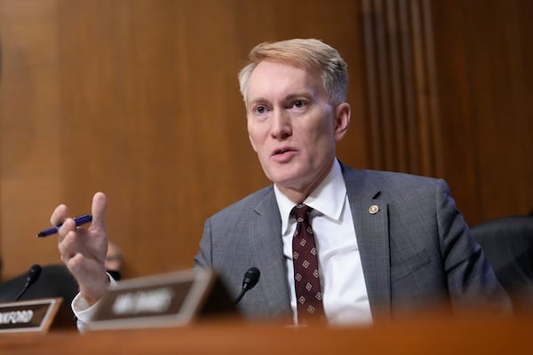 Sen. James Lankford, R-Okla., speaks at the Senate Finance Committee confirmation hearing for Scott Bessent, President-elect Donald Trump's choice to be Secretary of the Treasury, at the Capitol in Washington, Thursday, Jan. 16, 2025. (AP Photo/Ben Curtis)