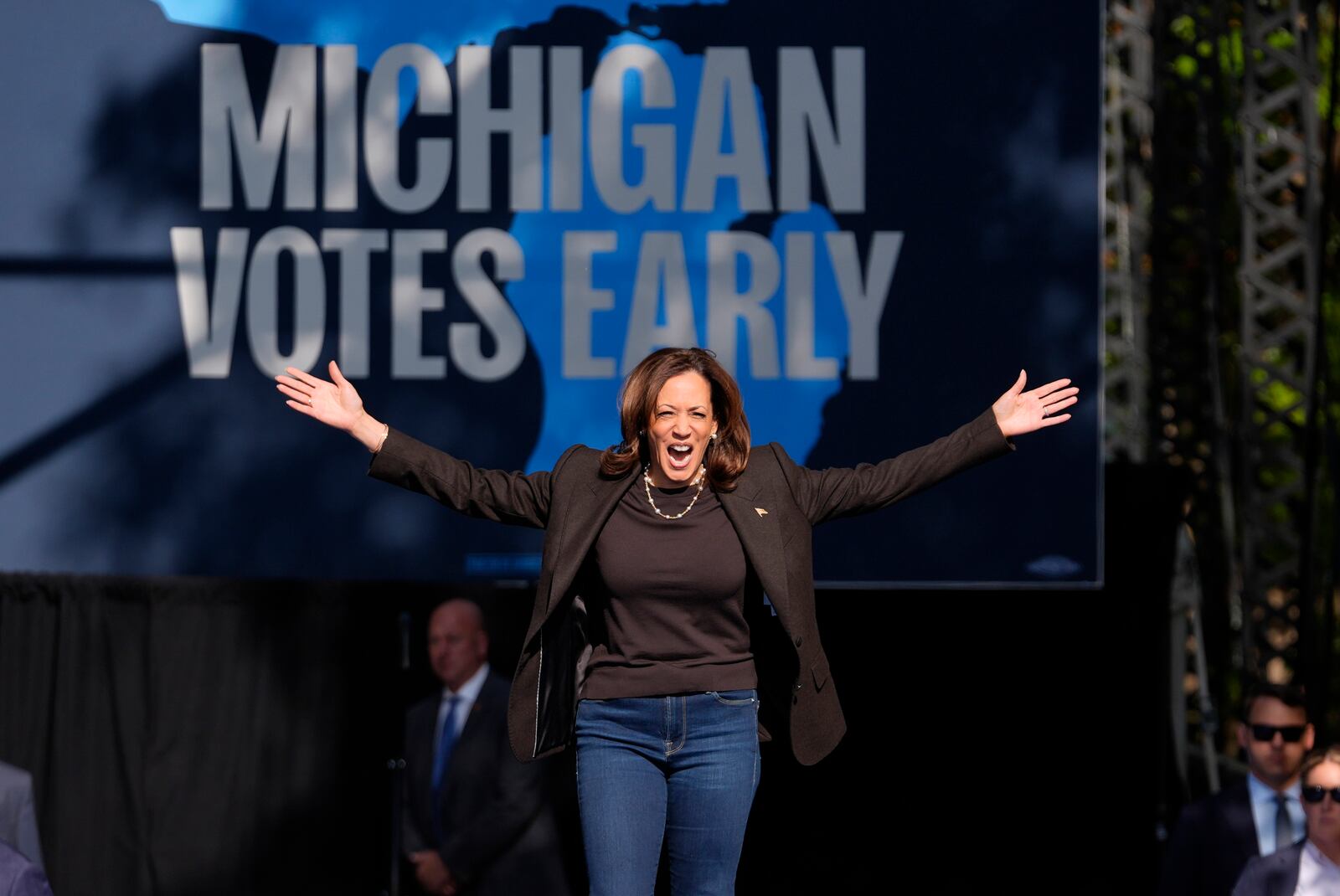 Democratic presidential nominee Vice President Kamala Harris arrives to speak at a campaign rally in Riverside Park, Friday, Oct. 18, 2024, in Grand Rapids, Mich. (AP Photo/Paul Sancya)