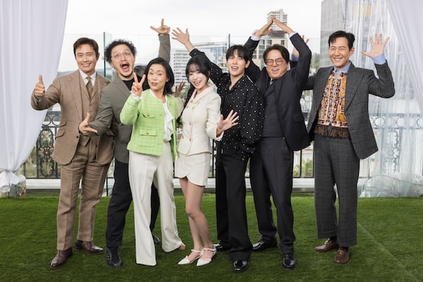 Lee Byung-hun, from left, Yang Dong-geun, Hwang Dong-hyuk, Jo Yu-ri, Im Si-wan, Kang Ae-sim, Lee Seo-hwan and Lee Jung-jae pose for a portrait to promote the second season of "Squid Game" on Wednesday, Dec. 11, 2024, in Los Angeles. (Photo by Willy Sanjuan/Invision/AP)