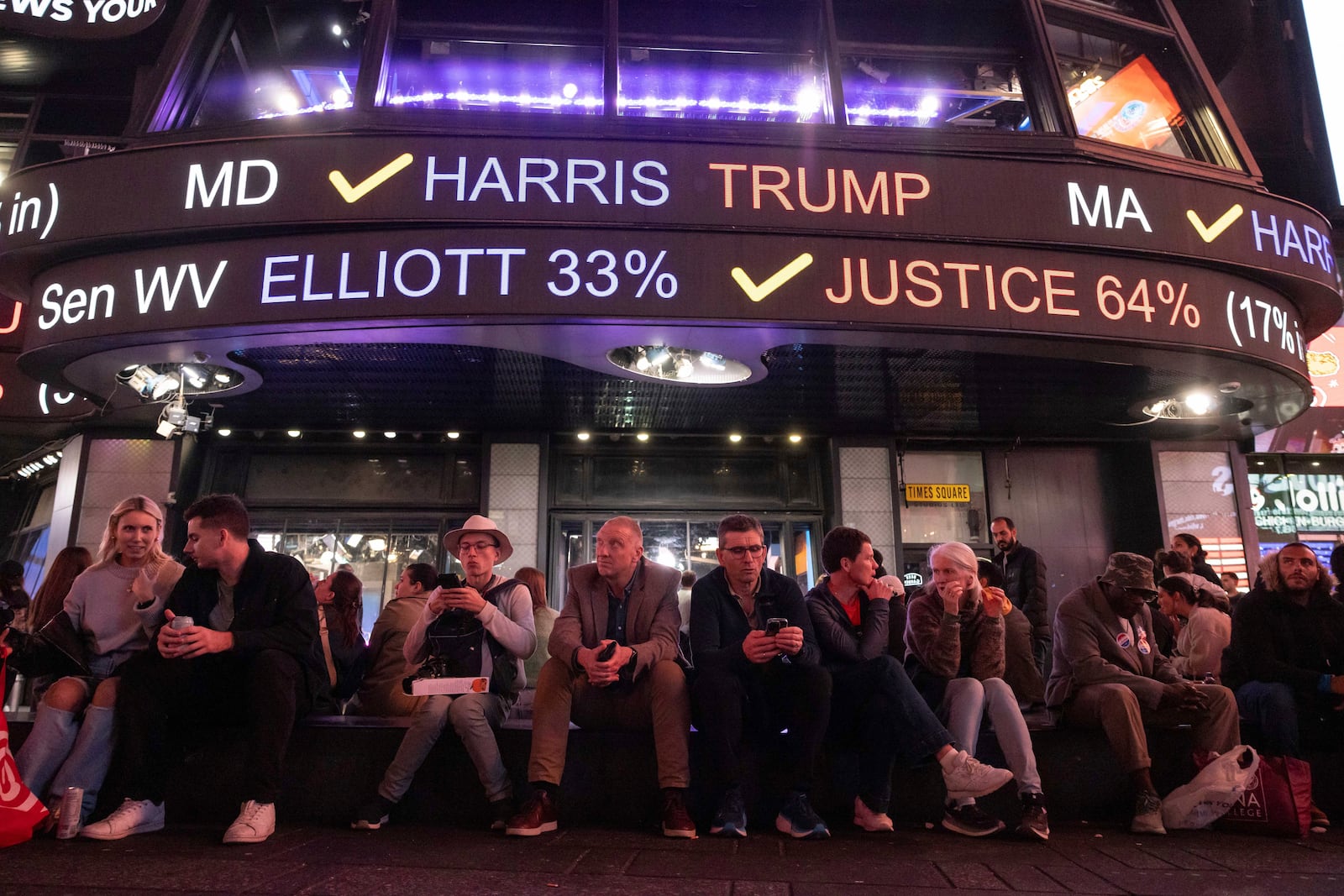 Screens show poll results in Times Square in New York on Election Day, Tuesday, Nov. 5, 2024. (AP Photo/Yuki Iwamura)