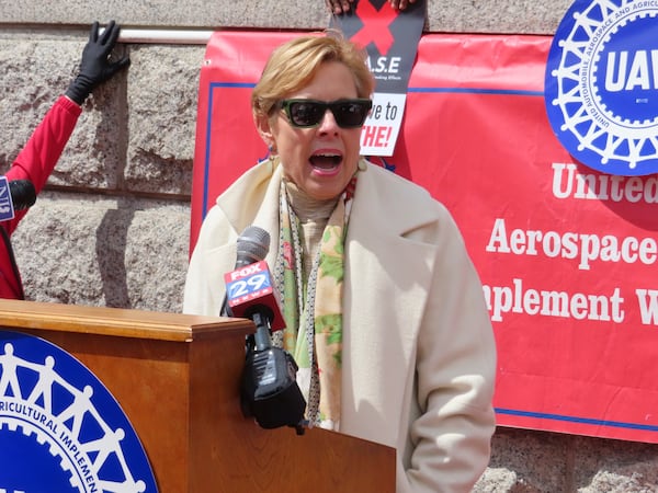 Nancy Erika Smith, the lawyer for Atlantic City casino workers seeking to end smoking in the gambling halls speaks outside a courthouse in Trenton,N.J. on April 5, 2024 after filing a lawsuit seeking to force a smoking ban. (AP Photo/Wayne Parry)