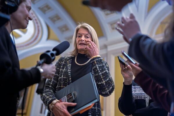 Sen. Lisa Murkowski, R-Alaska, speaks with reporters outside the Senate chamber at the Capitol in Washington, Wednesday, Jan. 22, 2025. (AP Photo/J. Scott Applewhite)