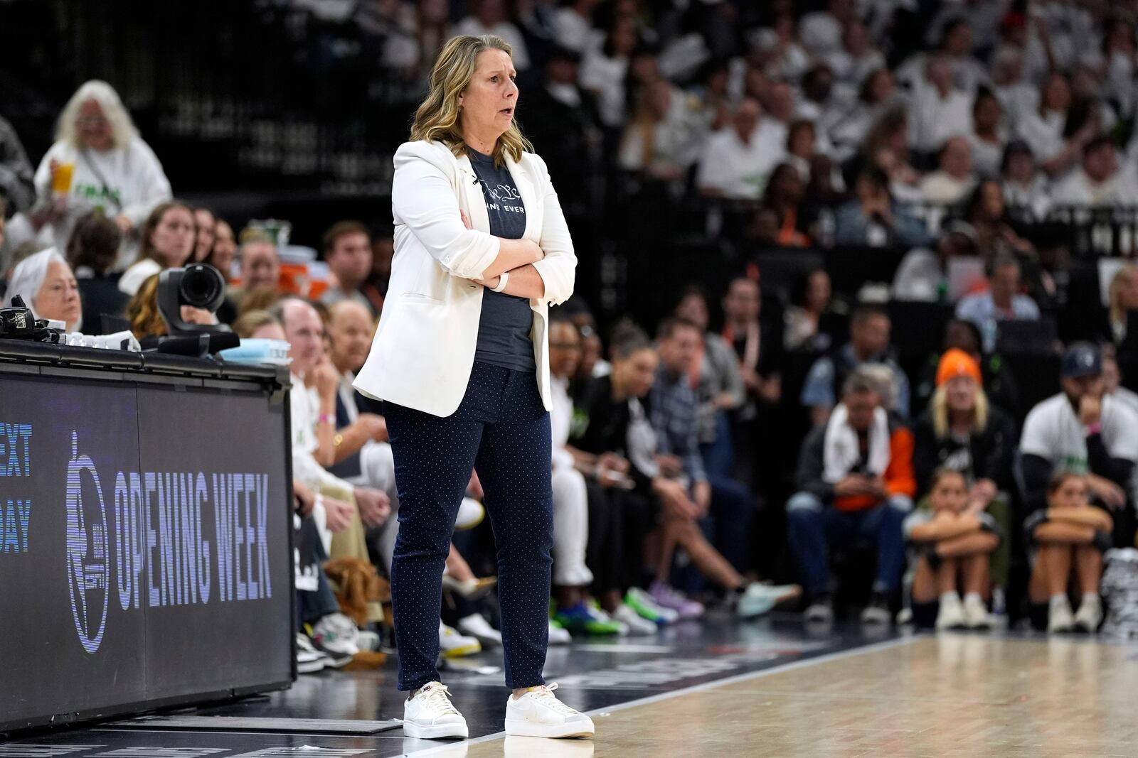 Minnesota Lynx head coach Cheryl Reeve watches from the bench during the second half against the New York Liberty in Game 3 of a WNBA basketball final playoff series, Wednesday, Oct. 16, 2024, in Minneapolis. (AP Photo/Abbie Parr)