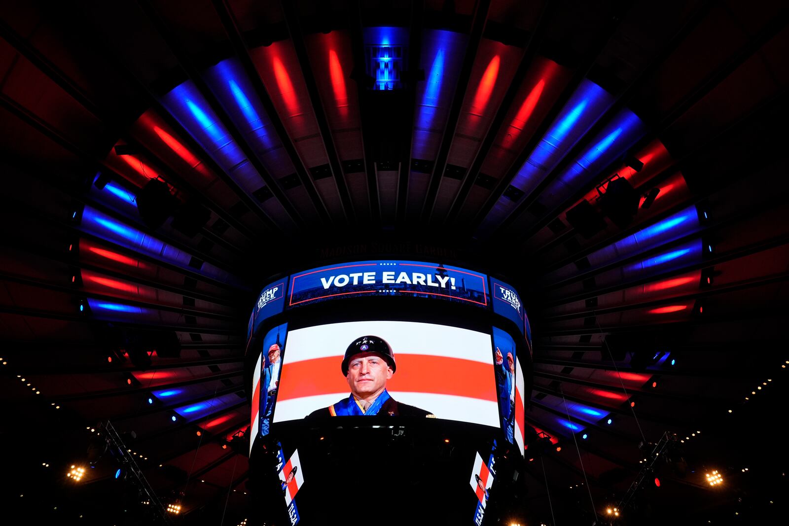 A video from the movie "Patton" is played before Republican presidential nominee former President Donald Trump speaks at a campaign rally at Madison Square Garden, Sunday, Oct. 27, 2024, in New York. (AP Photo/Alex Brandon)