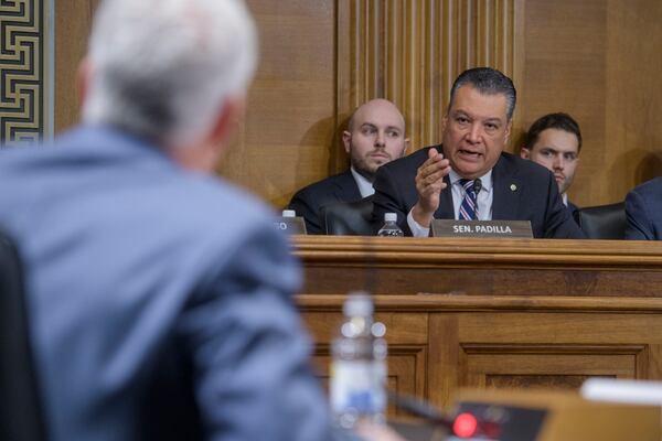 Sen. Alex Padilla, D-Calif., questions Chris Wright, President-elect Donald Trump's nominee to be Secretary of Energy, regarding the wildfires currently burning in Southern California, as he testifies during a Senate Committee on Energy and Natural Resources hearing for his pending confirmation, on Capitol Hill, Wednesday, Jan. 15, 2025, in Washington. (AP Photo/Rod Lamkey, Jr.)