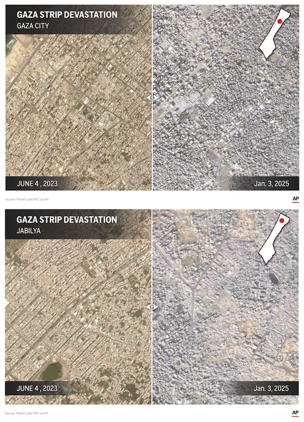 The images above are frame grabs from a set of interactive before and after imagery sliders of Gaza City and the city of Jabilya, in the Gaza Strip. (AP Digital Embed)