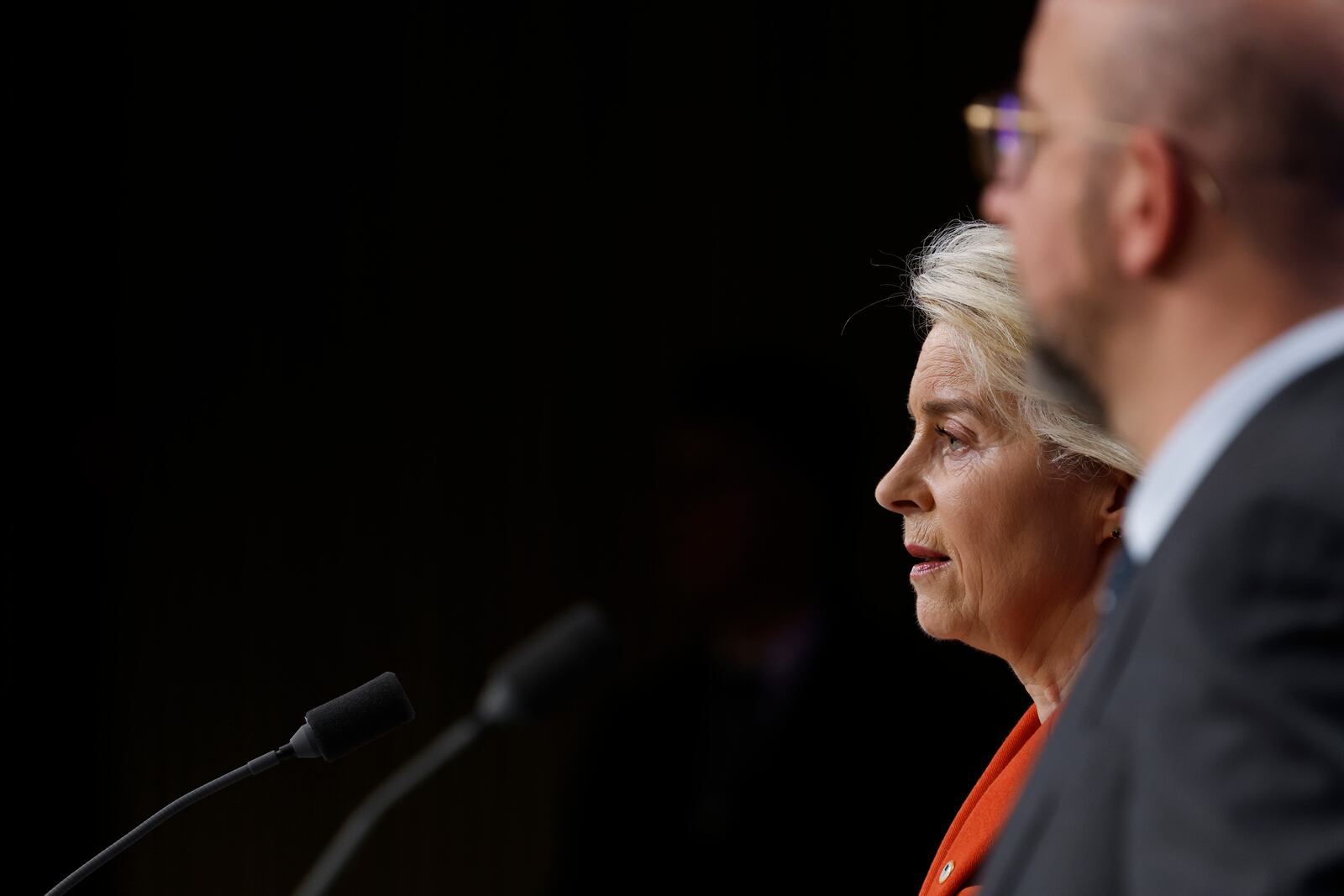 European Commission President Ursula von der Leyen, left, and European Council President Charles Michel participate in a media conference at an EU summit in Brussels, Thursday, Oct. 17, 2024. (AP Photo/Geert Vanden Wijngaert)