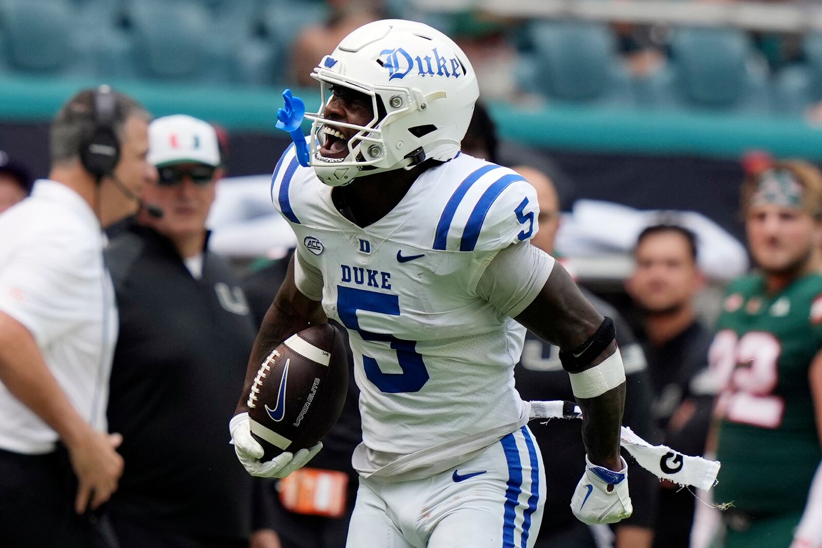 Duke running back Peyton Jones (5) reacts after making a first down during the first half of an NCAA college football game against Miami, Saturday, Nov. 2, 2024, in Miami Gardens, Fla. (AP Photo/Lynne Sladky)