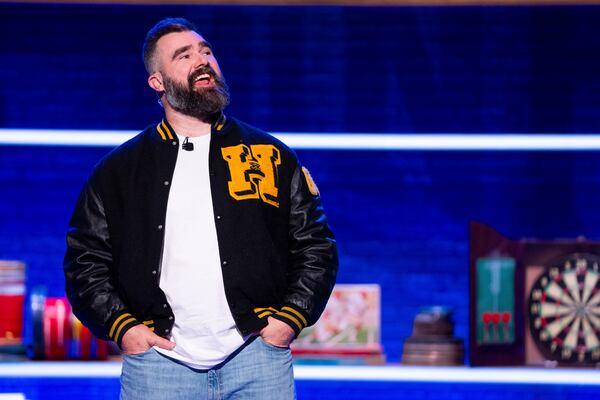 Former NFL player and ESPN analyst Jason Kelce performs his opening monologue during the taping of "They Call It Late Night with Jason Kelce", Friday, Jan. 3, 2025, in Philadelphia. (AP Photo/Chris Szagola)