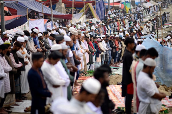 Muslim devotees pray during the first phase of the three-day Biswa Ijtema, or the World Congregation of Muslims, at the banks of the Turag river in Tongi, near Dhaka, Bangladesh, Friday, Jan. 31, 2025. (AP Photo/Mahmud Hossain Opu)