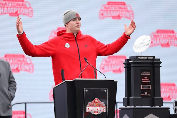 Ohio State quarterback Will Howard gives a speech during the National Championship football celebration at Ohio Stadium in Columbus, Ohio, Sunday, Jan. 26, 2025. (AP Photo/Joe Maiorana)