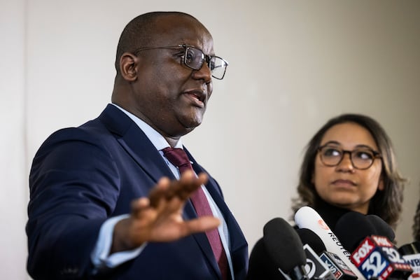 Jussie Smollett's lead defense attorney Nenye Uche speaks to reporters during a news conference Thursday, Nov. 21, 2024, In Chicago, after the Illinois Supreme Court overturned Smollett's conviction on charges of staging a racist and homophobic attack against himself in 2019 and lying to Chicago police. (Ashlee Rezin/Chicago Sun-Times via AP)