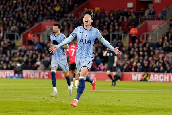 Tottenham Hotspur's Son Heung-Min celebrates scoring during the English Premier League soccer match between Southampton and Tottenham Hotspur at St Mary's Stadium, Southampton, England, Sunday Dec. 15, 2024. (Andrew Matthews/PA via AP)