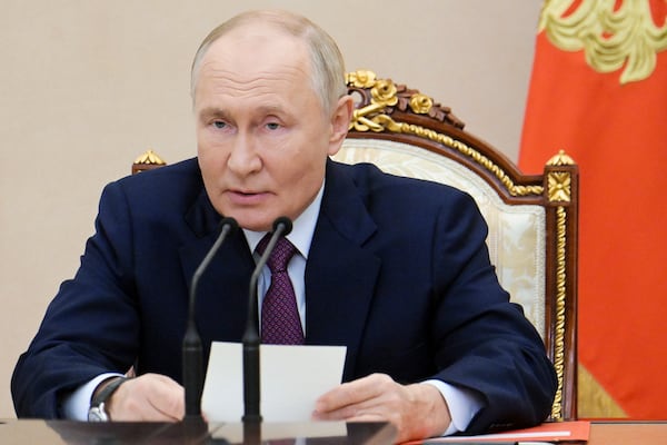 FILE - Russian President Vladimir Putin speaks at the Security Council meeting on nuclear deterrence at the Kremlin in Moscow, Russia, Wednesday, Sept. 25, 2024. (Aleksei Nikolsky, Sputnik, Kremlin Pool Photo via AP, File)