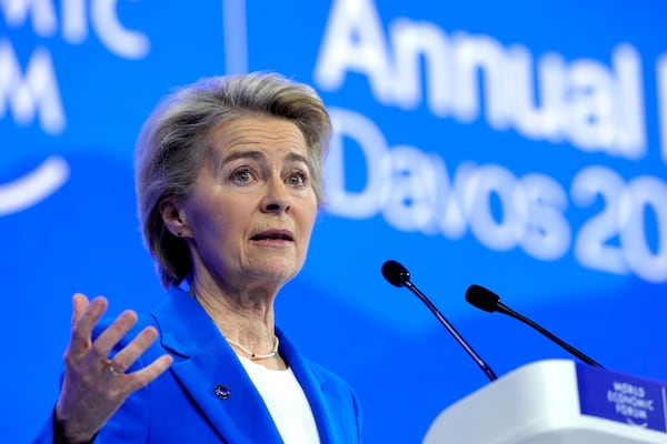 Ursula von der Leyen, President of the European Commission, speaks at the Annual Meeting of World Economic Forum in Davos, Switzerland, Tuesday, Jan. 21, 2025. (AP Photo/Markus Schreiber)