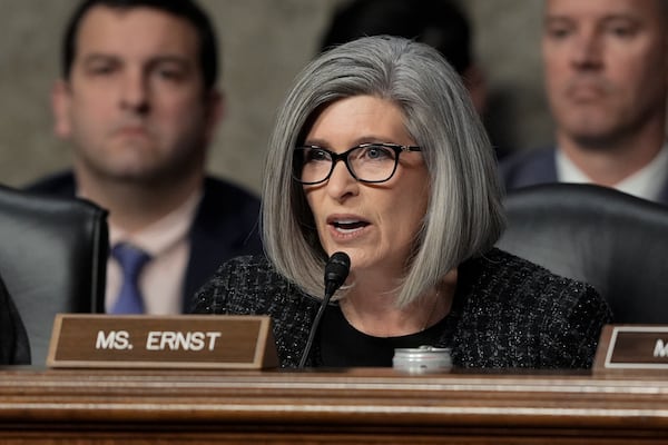 Sen. Joni Ernst, R-Iowa, speaks during the Senate Armed Services Committee confirmation hearing for Pete Hegseth, President-elect Donald Trump's choice to be Defense secretary, at the Capitol in Washington, Tuesday, Jan. 14, 2025. (AP Photo/J. Scott Applewhite)