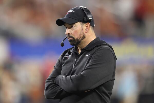 Ohio State head coach Ryan Day watches from the sideline during the first half of the Cotton Bowl College Football Playoff semifinal game against Texas, Friday, Jan. 10, 2025, in Arlington, Texas. (AP Photo/Gareth Patterson)