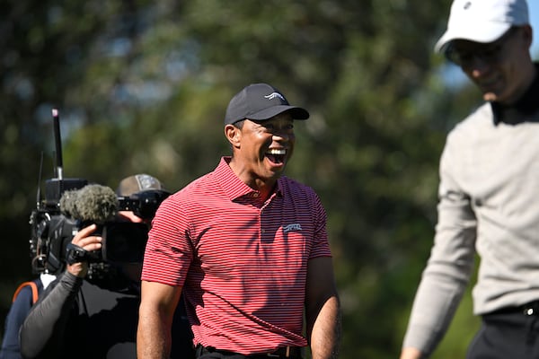 Tiger Woods, center, reacts to his son Charlie Wood's hole-in-one on the fourth hole during the final round of the PNC Championship golf tournament, Sunday, Dec. 22, 2024, in Orlando, Fla. (AP Photo/Phelan M. Ebenhack)