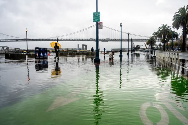 Water from the San Francisco Bay spills onto the Embarcadero as a result of high tides and storm-driven waves on Saturday, Dec. 14, 2024, in San Francisco. (AP Photo/Noah Berger)