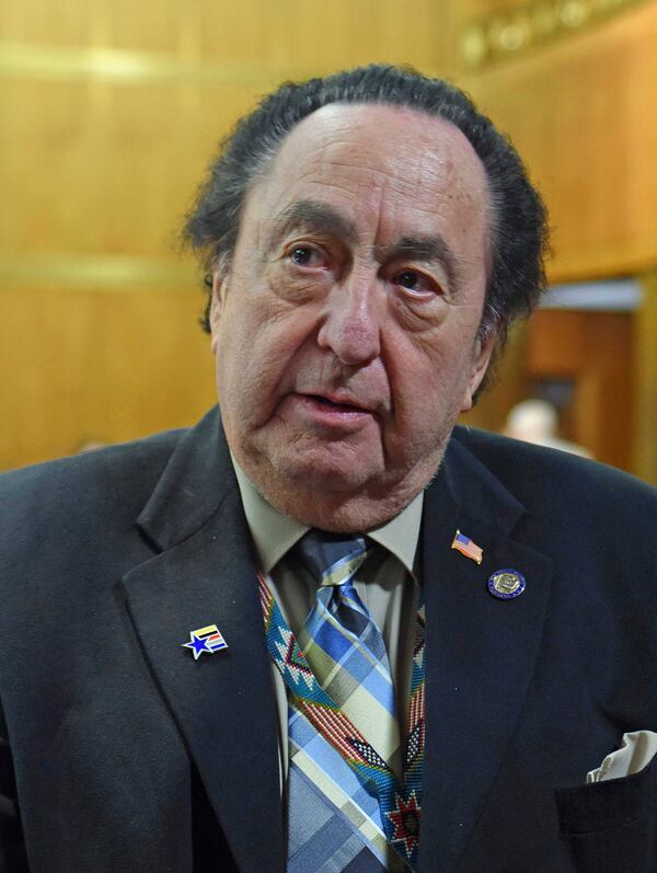 Senator Richard Marcellais, D-Belcourt, former chairman of the Turtle Mountain Band of Chippewa, welcomed the news of a commutation for Indigenous activist Leonard Peltier, 80, in the Senate chamber in the North Dakota State Capitol in Bismarck, N.D., Monday, Jan. 20, 2025. (Tom Stromme/The Bismarck Tribune via AP)