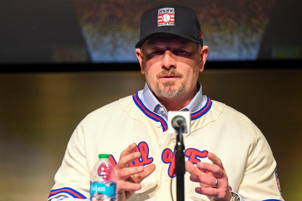 Newly-elected Baseball Hall of Fame inductee Billy Wagner talks to reporters during a news conference Thursday, Jan. 23, 2025, in Cooperstown, N.Y. (AP Photo/Hans Pennink)