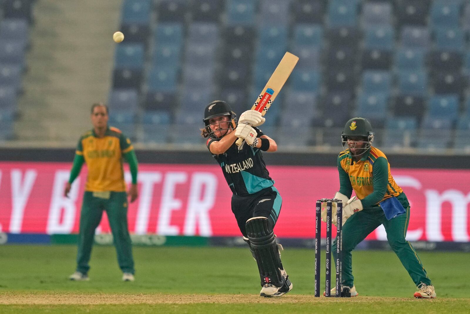 New Zealand's Amelia Kerr plays a shot during the ICC Women's T20 World Cup 2024 final match between New Zealand and South Africa at Dubai, United Arab Emirates, Sunday, Oct. 20, 2024. (AP Photo/Altaf Qadri)